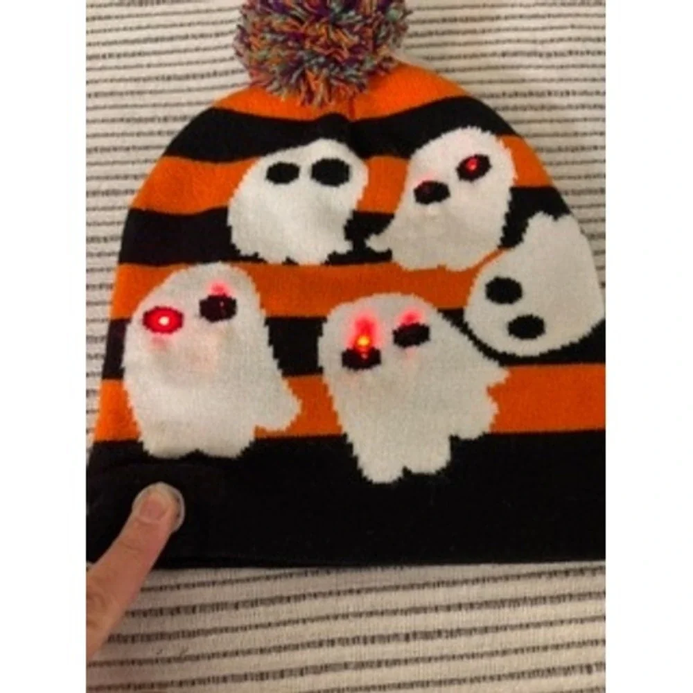 Walgreens Halloween Ghost Light Up Beanie Hat Orange Black Striped Pom Pom Kids
